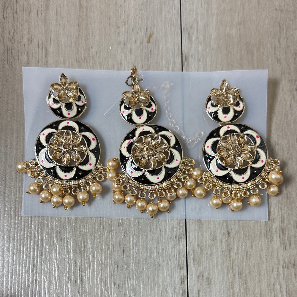 Black & Gold Enamel Chandbali Earrings with Pearl Drops – Festive Indian Jewelry